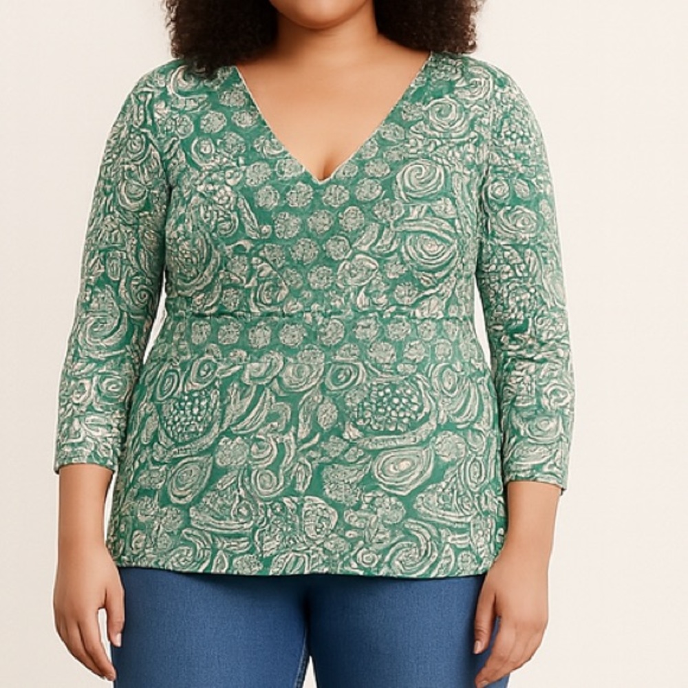 APT. 9 Green Floral Abstract V-neck Micro Mesh Blouse Size XL‎ Retro Casual Boho